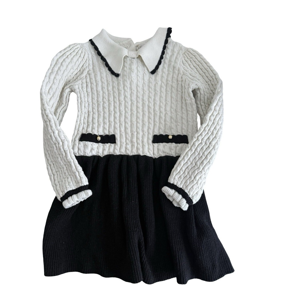 Janie and Jack Girls Cream Black Cable Knit Sweater Dress Collar Size 5
